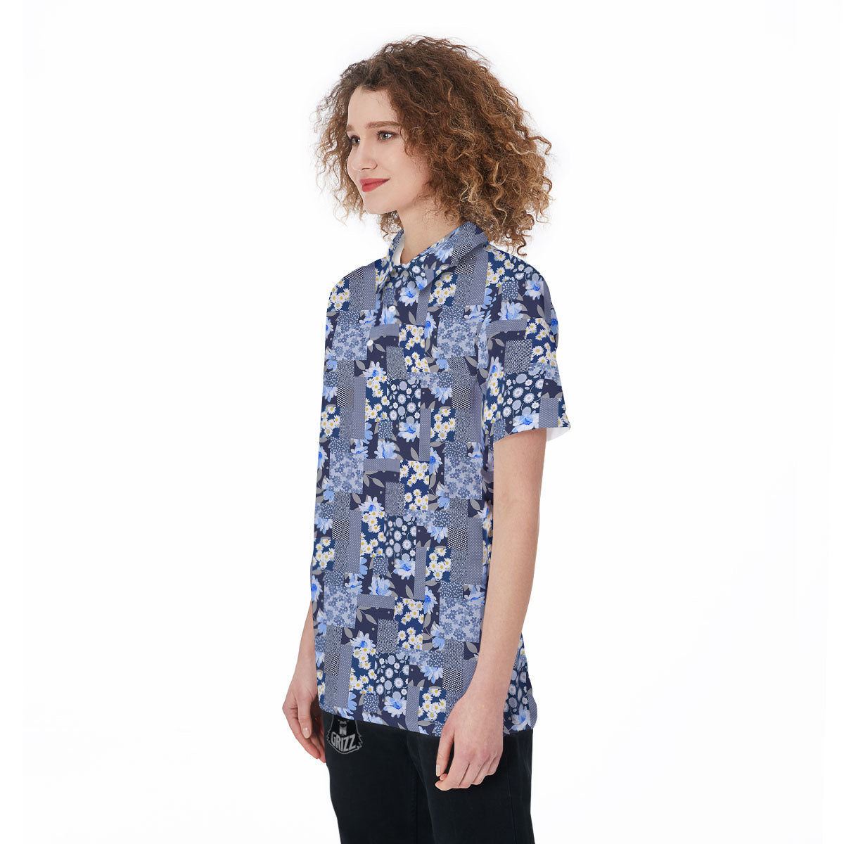 Patchwork Blue Floral Print Pattern Women's Golf Shirts-grizzshop