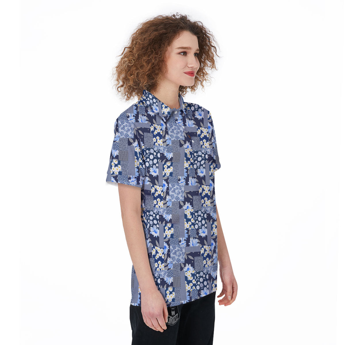 Patchwork Blue Floral Print Pattern Women's Golf Shirts-grizzshop