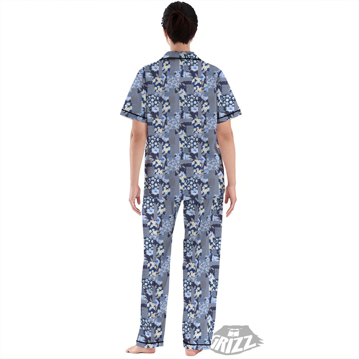 Patchwork Blue Floral Print Pattern Women's Pajamas Set-grizzshop