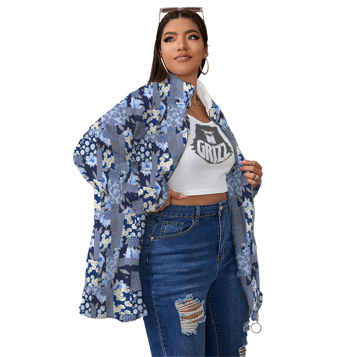 Patchwork Blue Floral Print Pattern Women's Sherpa Jacket-grizzshop
