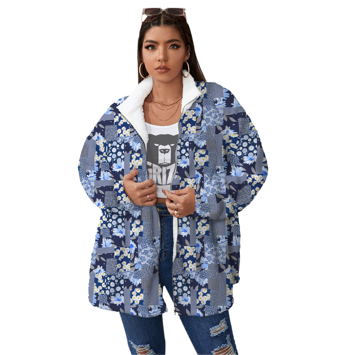 Patchwork Blue Floral Print Pattern Women's Sherpa Jacket-grizzshop