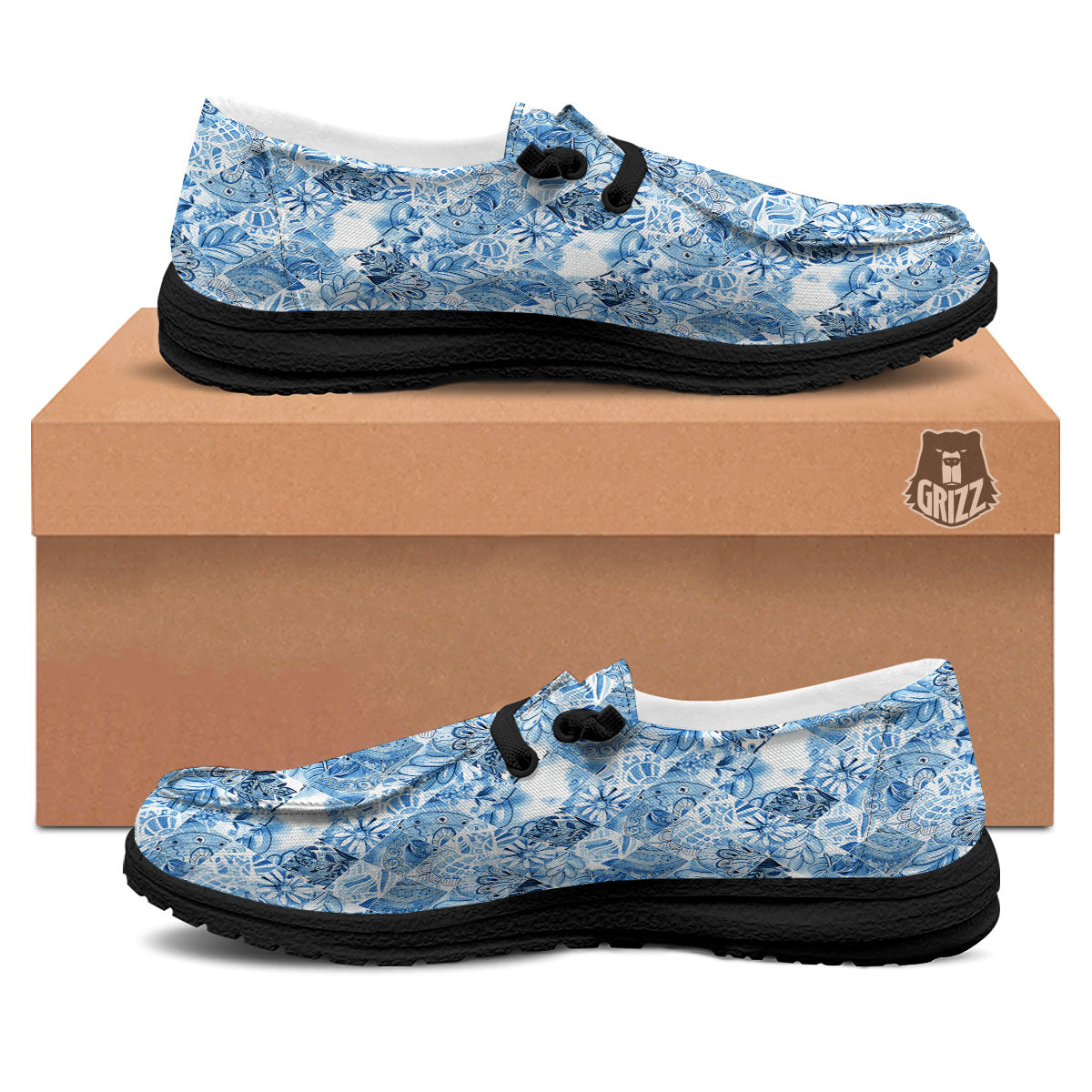 Patchwork Blue Flower Print Pattern Black Loafers-grizzshop