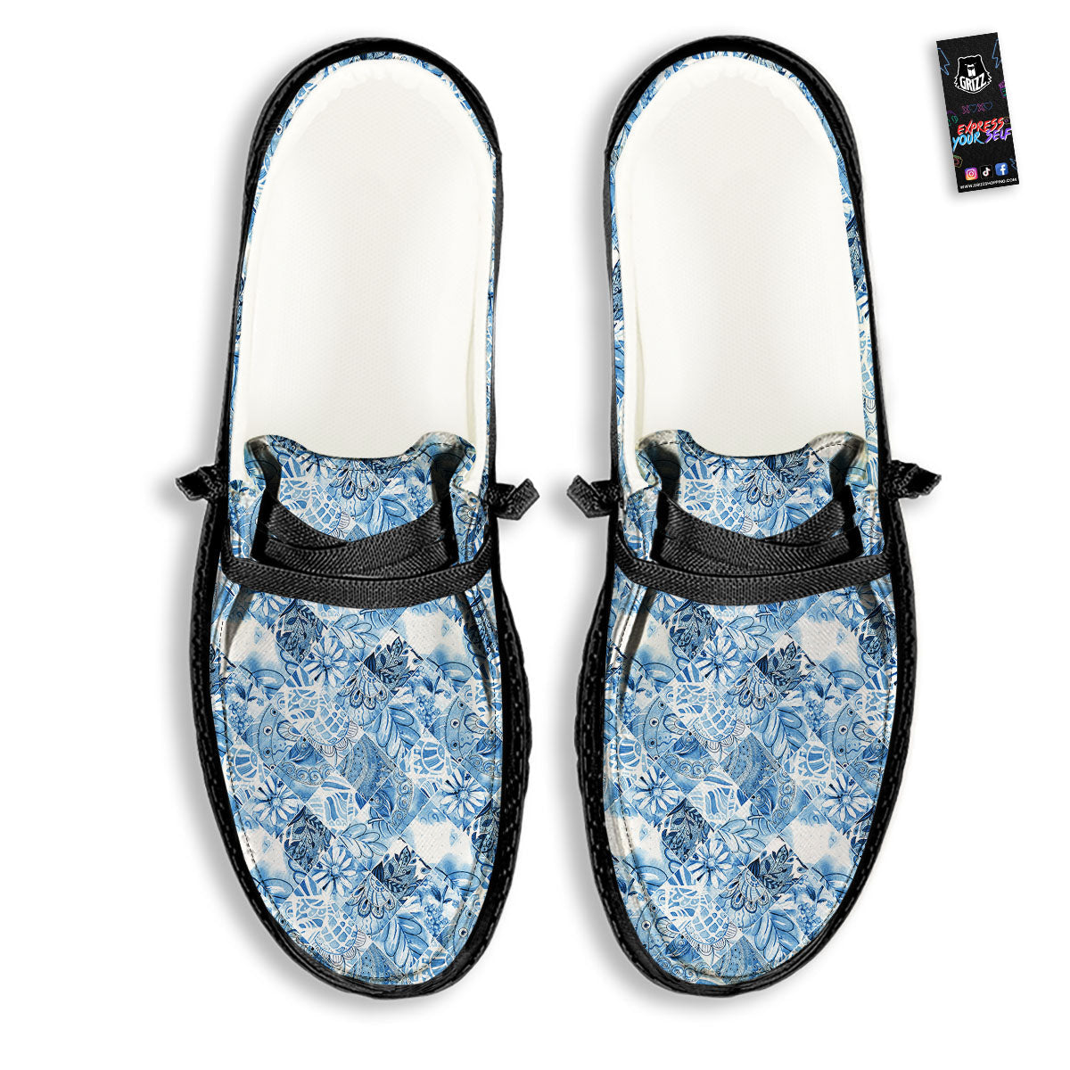 Patchwork Blue Flower Print Pattern Black Loafers-grizzshop