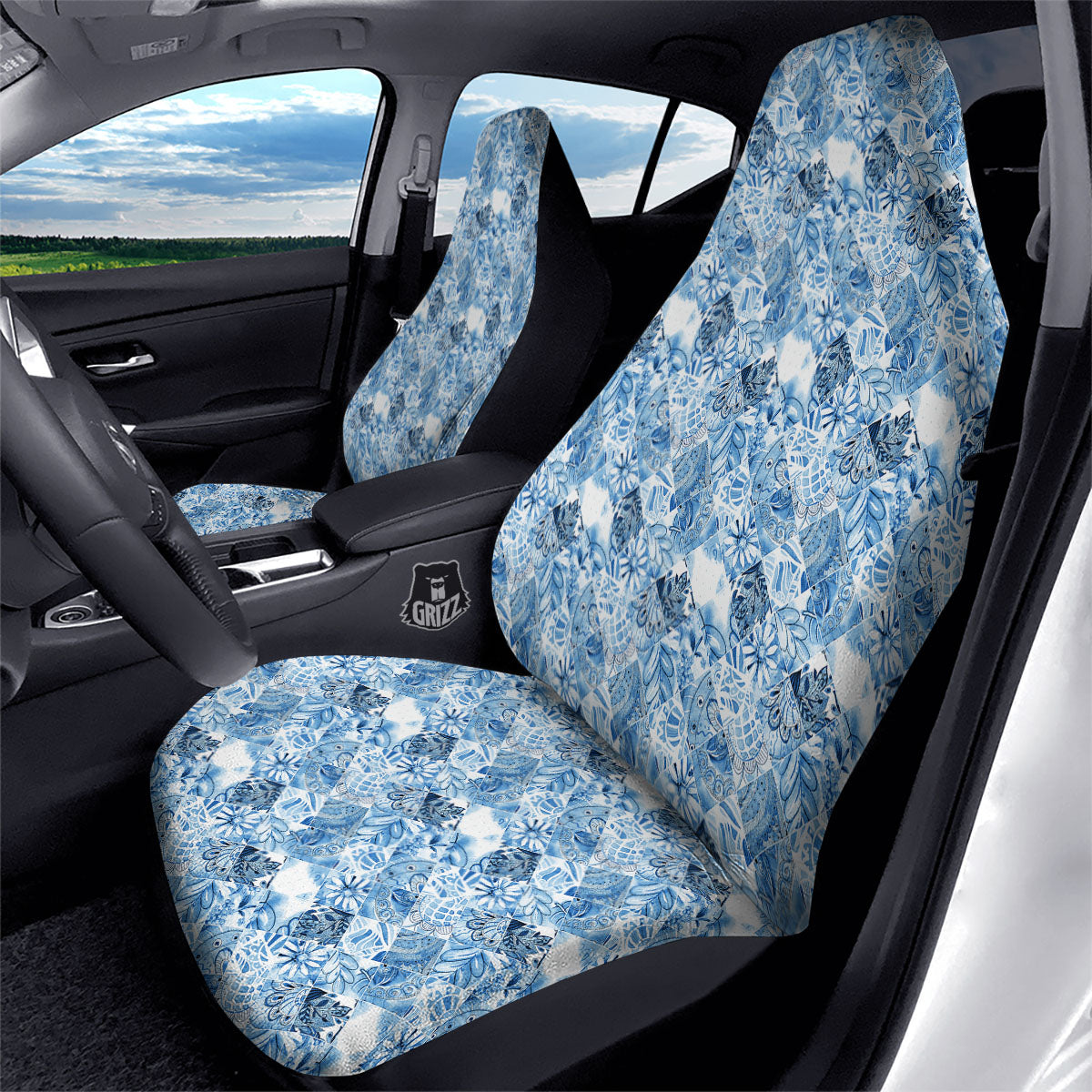 Patchwork Blue Flower Print Pattern Car Seat Covers-grizzshop