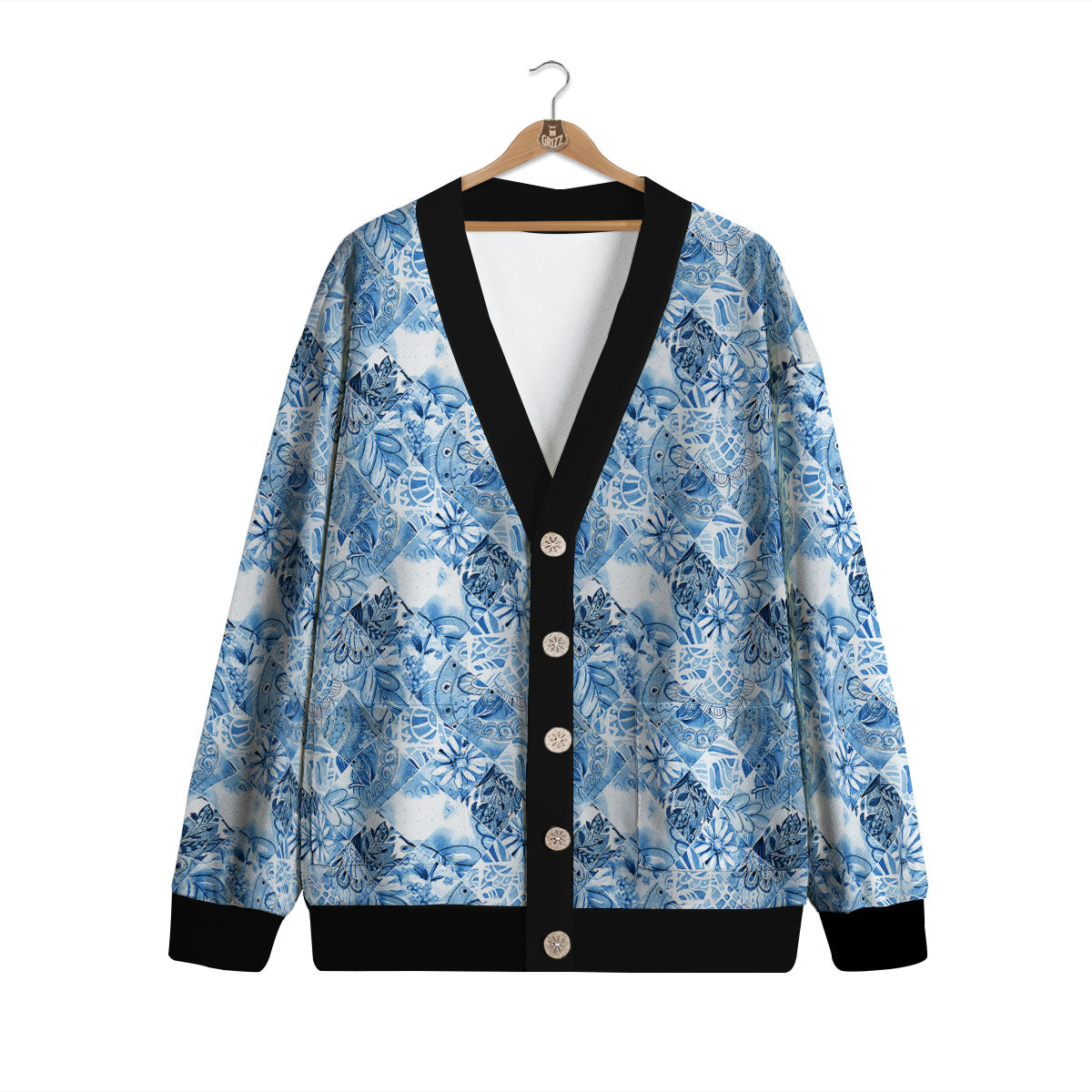Patchwork Blue Flower Print Pattern Cardigan-grizzshop
