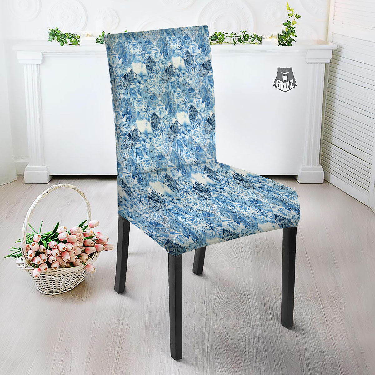 Patchwork Blue Flower Print Pattern Dining Chair Slipcover-grizzshop