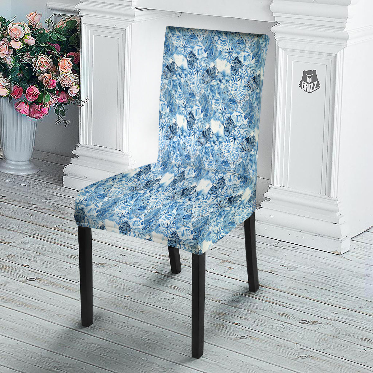 Patchwork Blue Flower Print Pattern Dining Chair Slipcover-grizzshop
