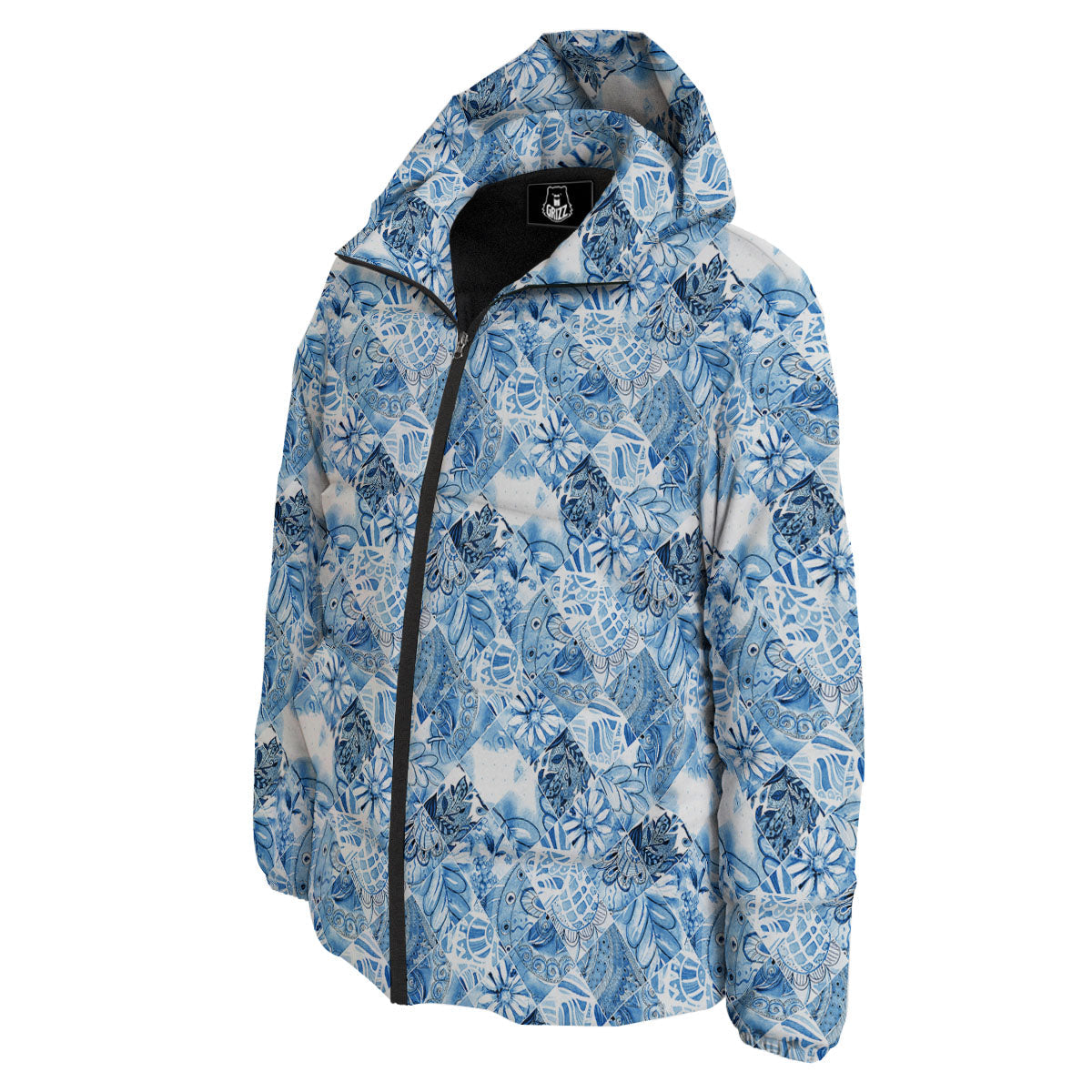 Patchwork Blue Flower Print Pattern Down Jacket-grizzshop