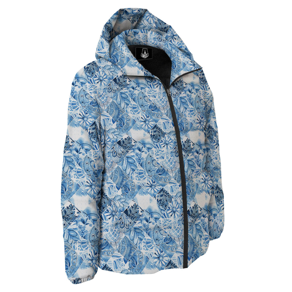 Patchwork Blue Flower Print Pattern Down Jacket-grizzshop