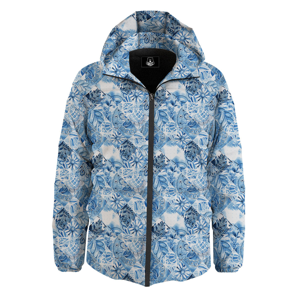 Patchwork Blue Flower Print Pattern Down Jacket-grizzshop