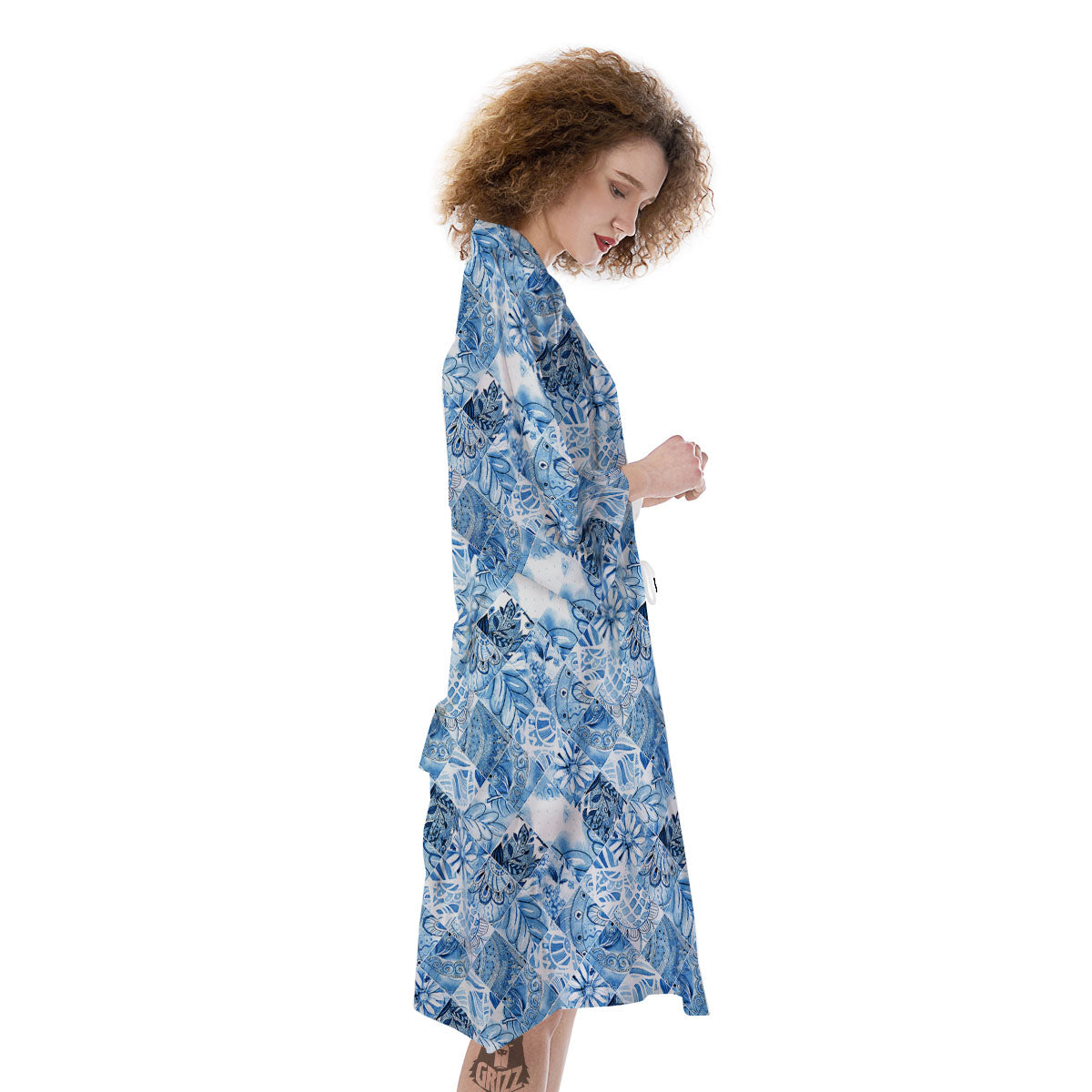 Patchwork Blue Flower Print Pattern Kimono-grizzshop