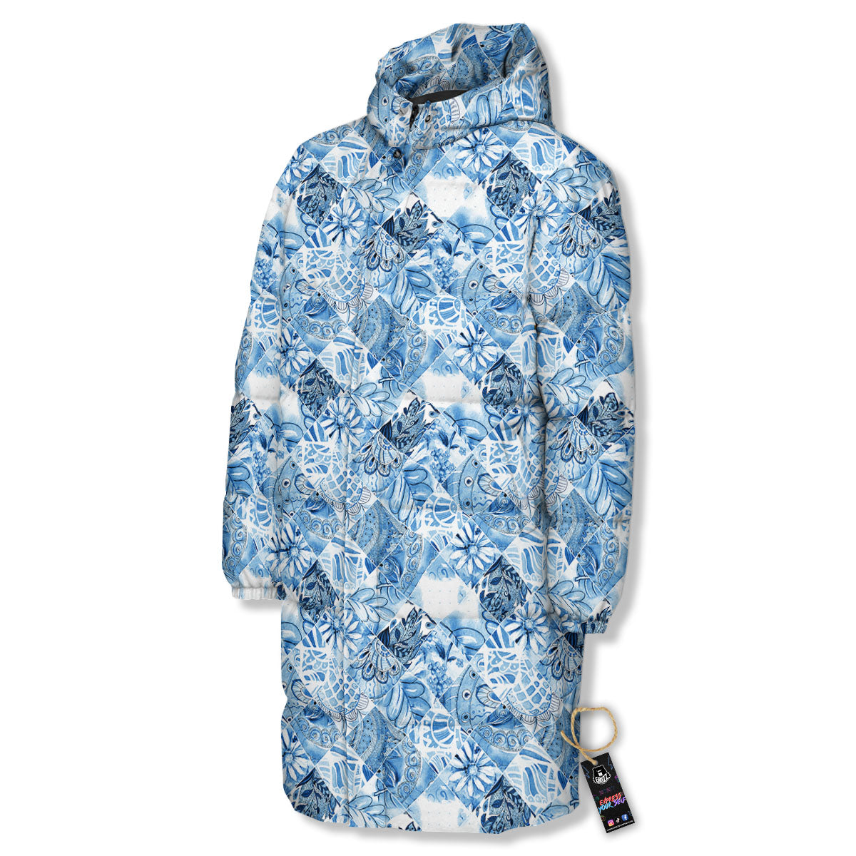 Patchwork Blue Flower Print Pattern Long Down Jacket-grizzshop