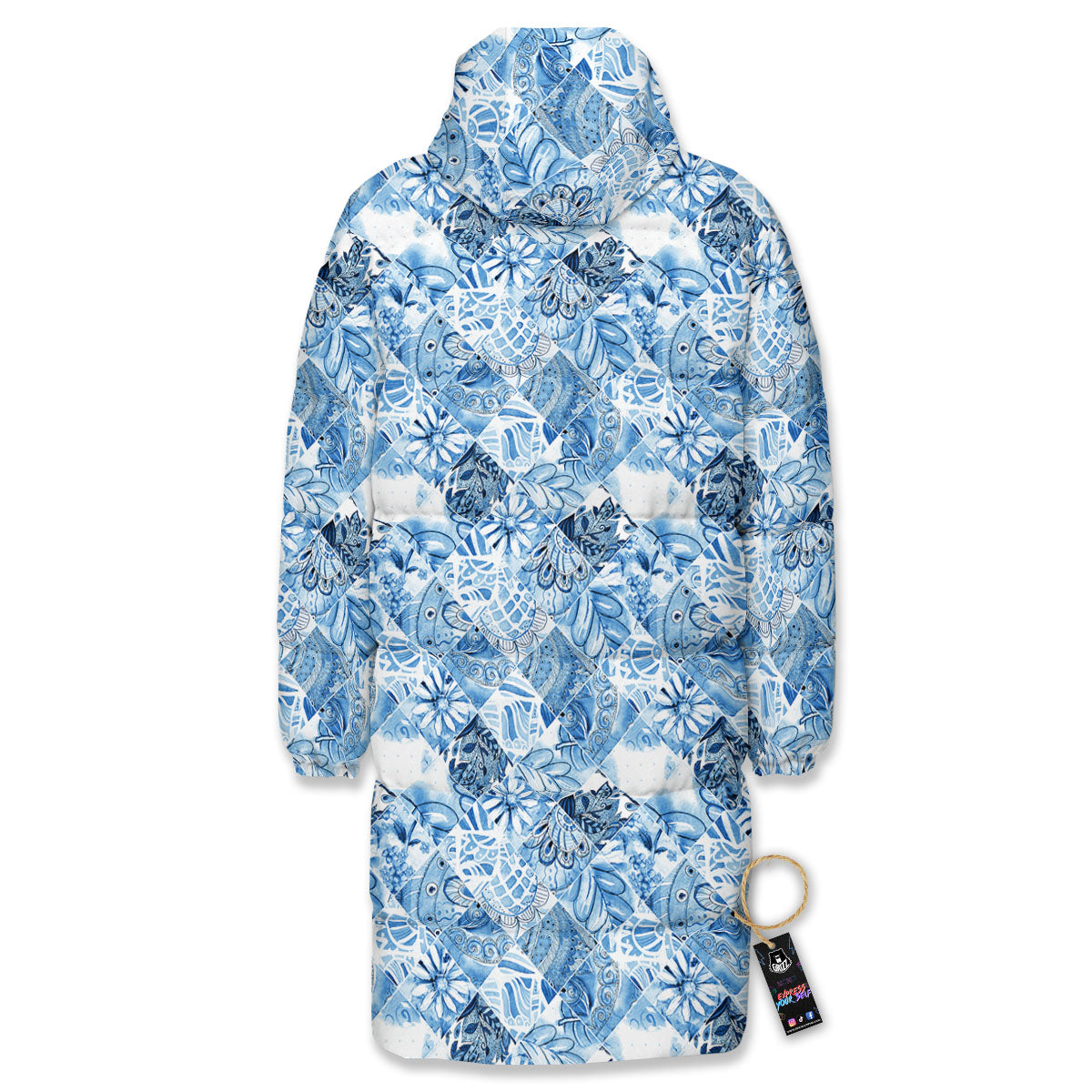 Patchwork Blue Flower Print Pattern Long Down Jacket-grizzshop
