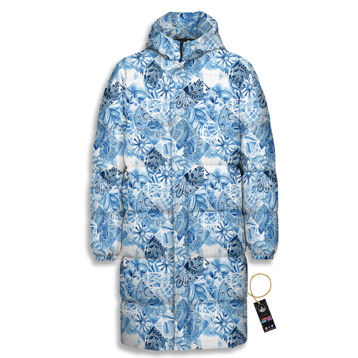 Patchwork Blue Flower Print Pattern Long Down Jacket-grizzshop
