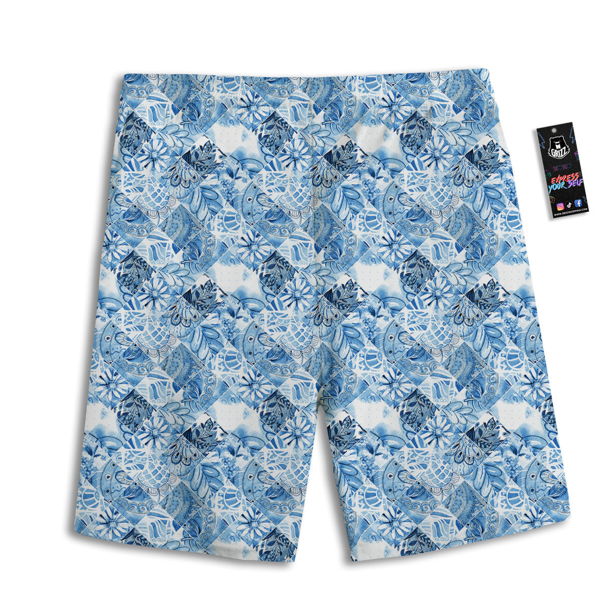 Patchwork Blue Flower Print Pattern Men's Athletic Shorts-grizzshop