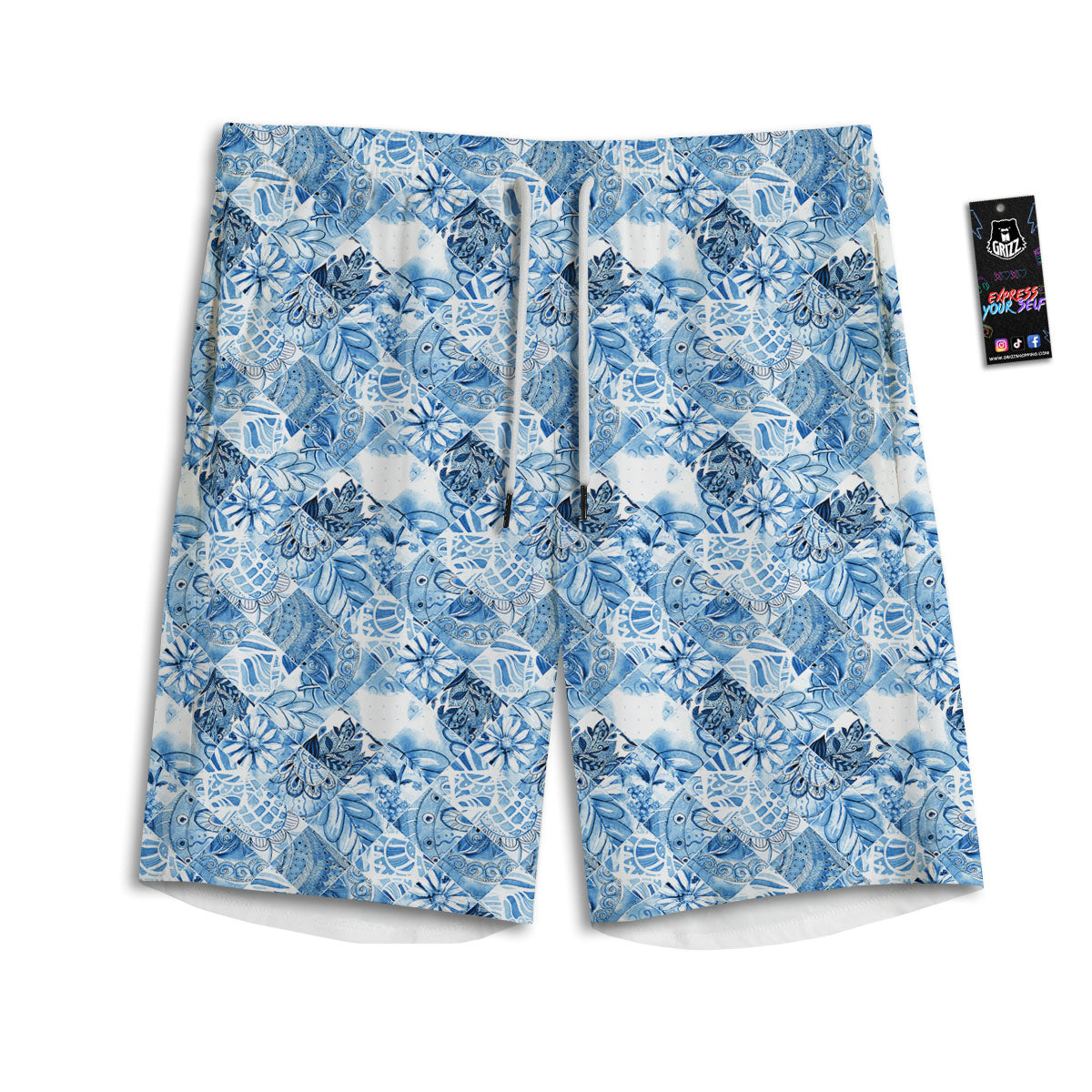 Patchwork Blue Flower Print Pattern Men's Athletic Shorts-grizzshop