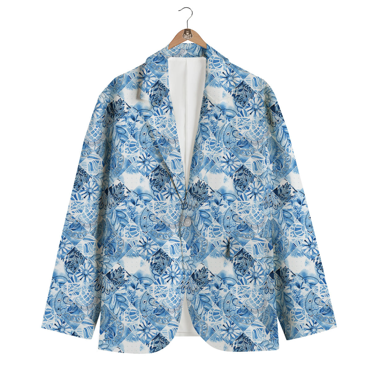 Patchwork Blue Flower Print Pattern Men's Blazer-grizzshop