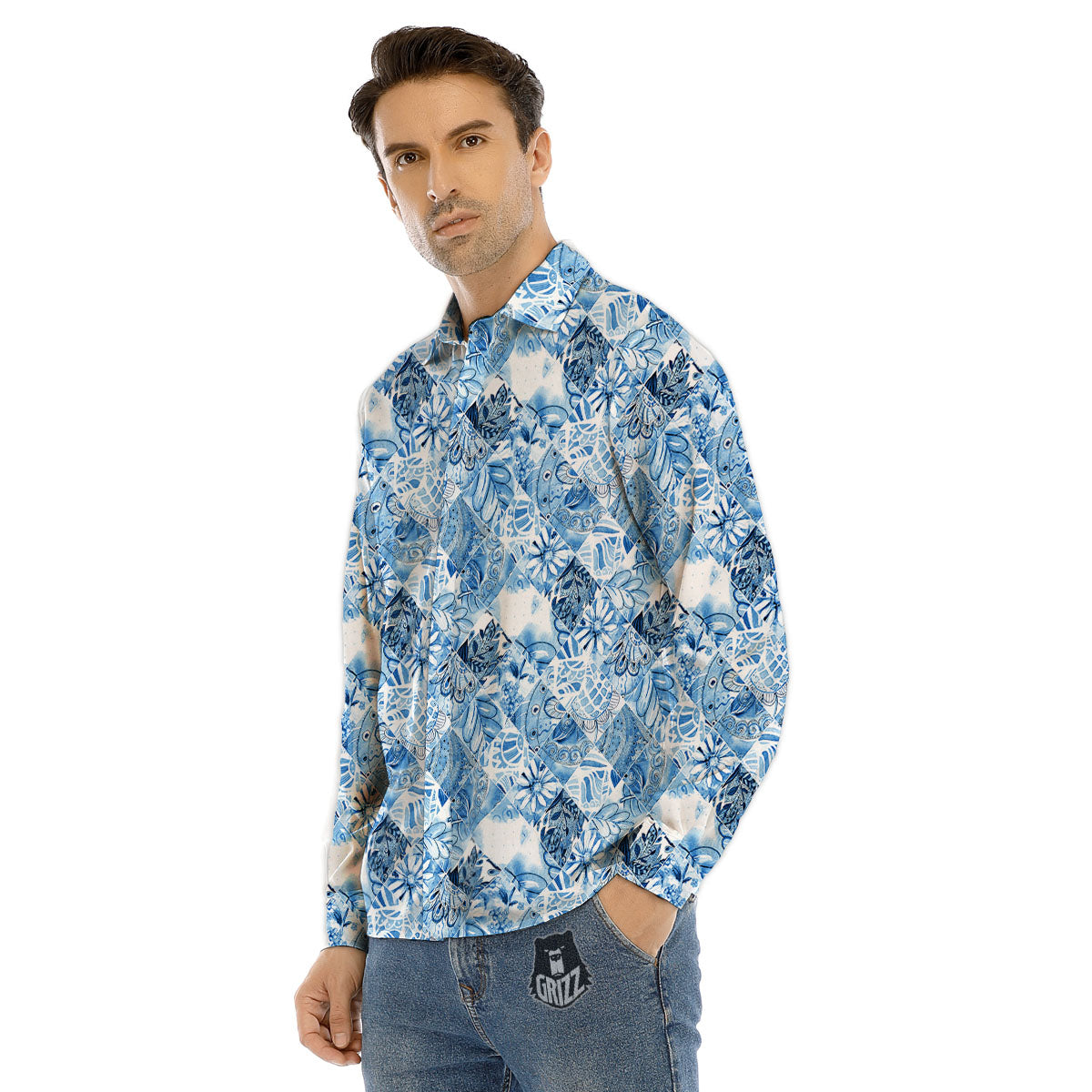 Patchwork Blue Flower Print Pattern Men's Dress Shirts-grizzshop