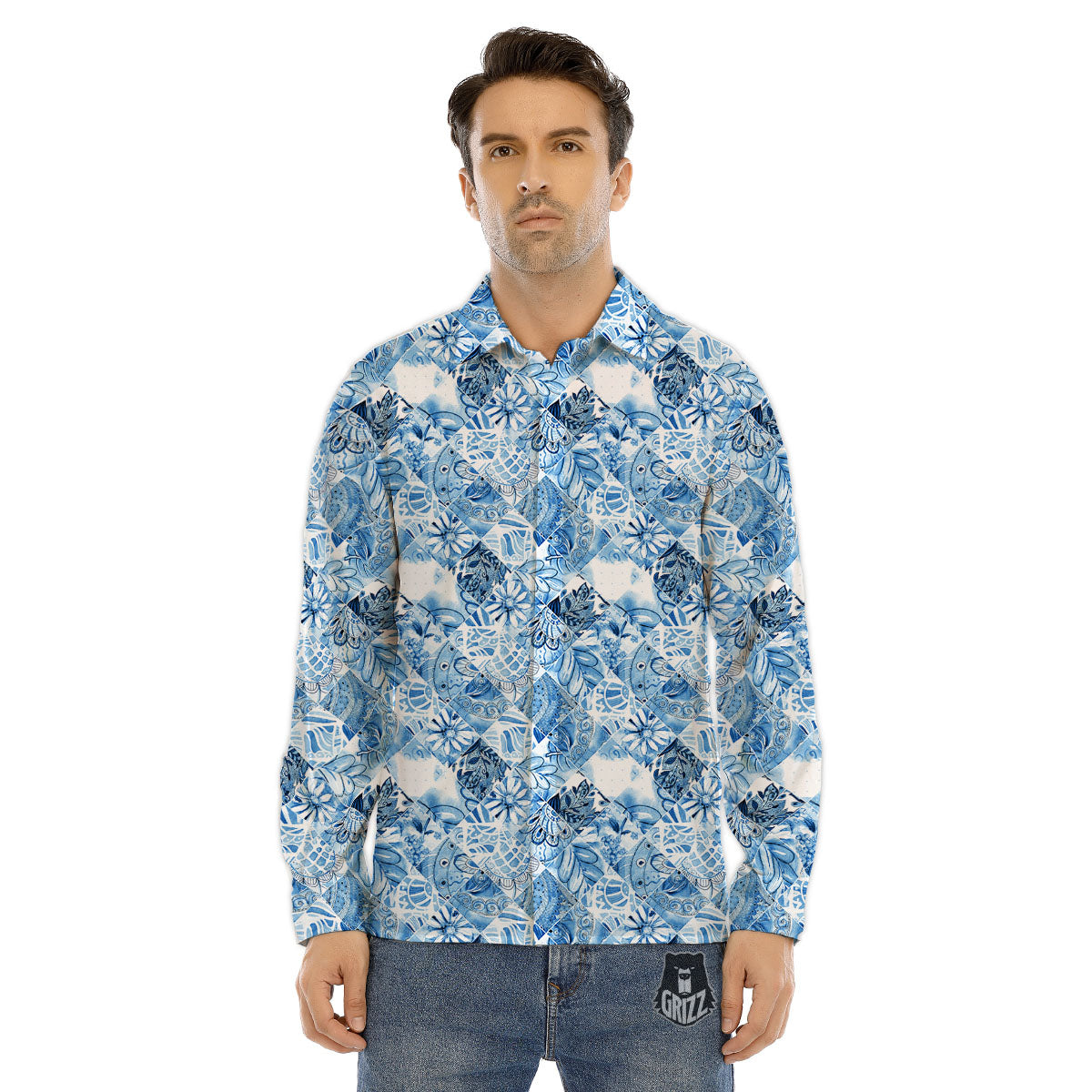 Patchwork Blue Flower Print Pattern Men's Dress Shirts-grizzshop