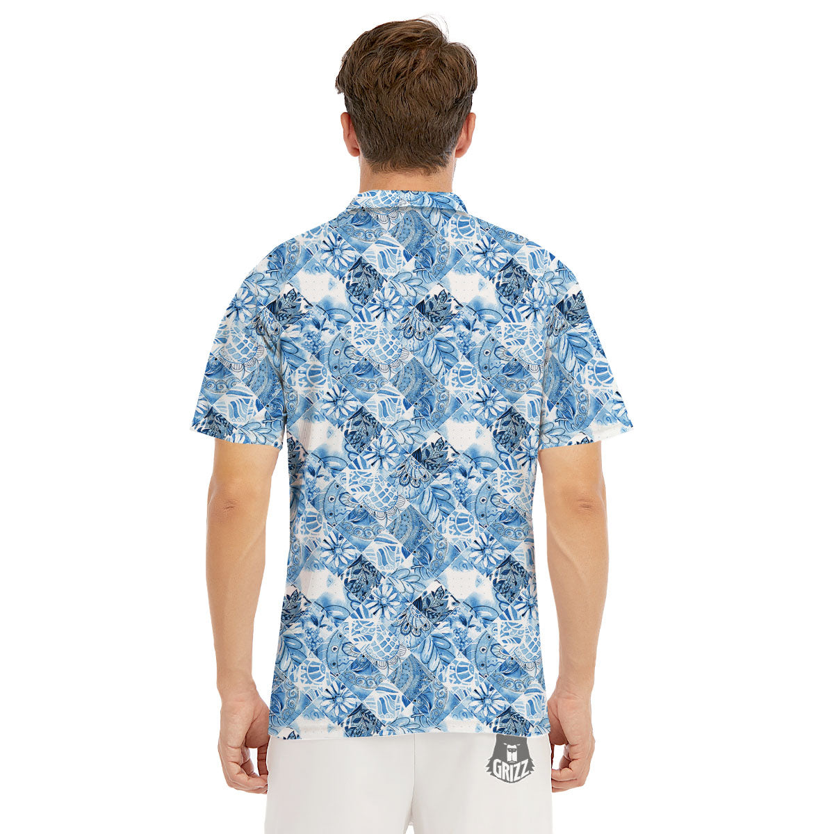 Patchwork Blue Flower Print Pattern Men's Golf Shirts-grizzshop