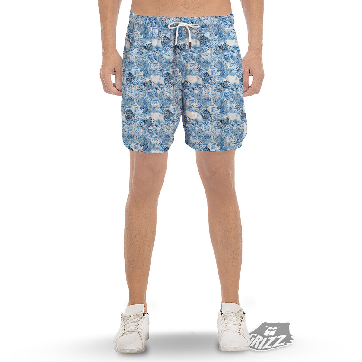 Patchwork Blue Flower Print Pattern Men's Gym Shorts-grizzshop