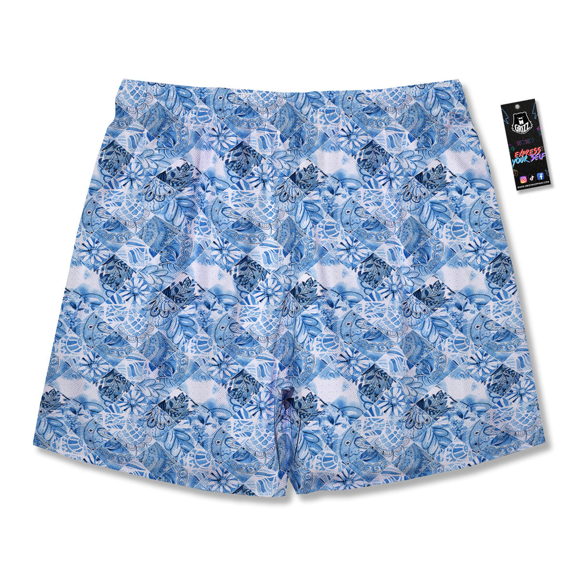 Patchwork Blue Flower Print Pattern Men's Running Shorts-grizzshop
