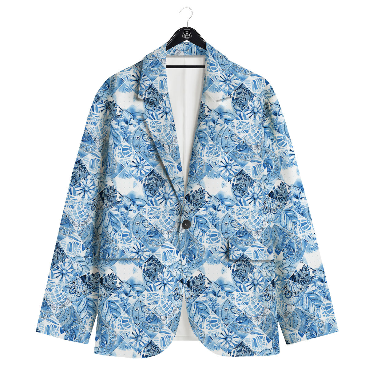Patchwork Blue Flower Print Pattern Men's Sport Coat-grizzshop