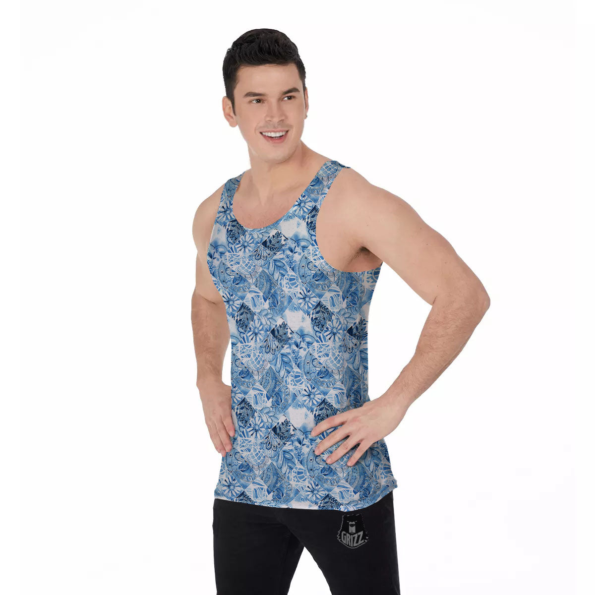 Patchwork Blue Flower Print Pattern Men's Tank Top-grizzshop