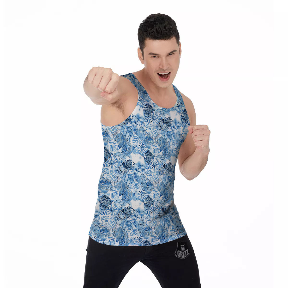 Patchwork Blue Flower Print Pattern Men's Tank Top-grizzshop