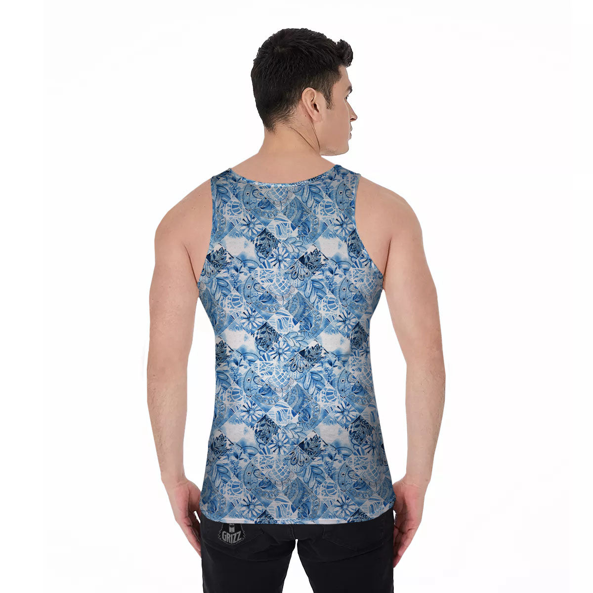 Patchwork Blue Flower Print Pattern Men's Tank Top-grizzshop