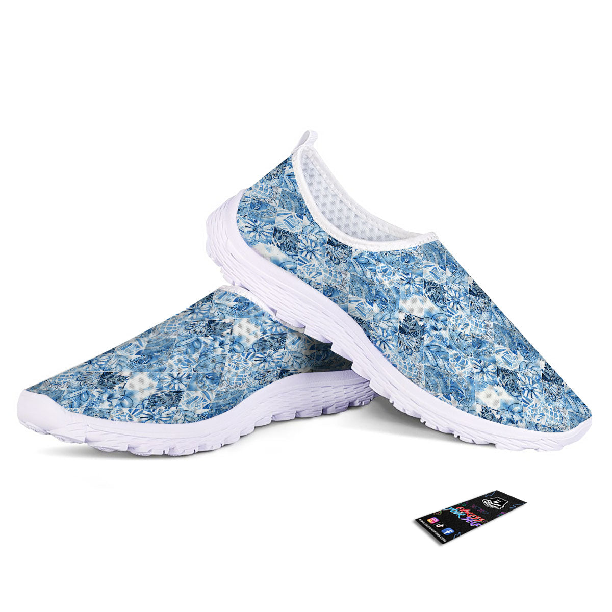 Patchwork Blue Flower Print Pattern Nurse Shoes-grizzshop