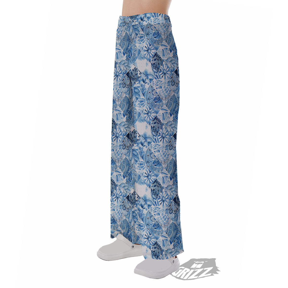 Patchwork Blue Flower Print Pattern Pajama Pants-grizzshop
