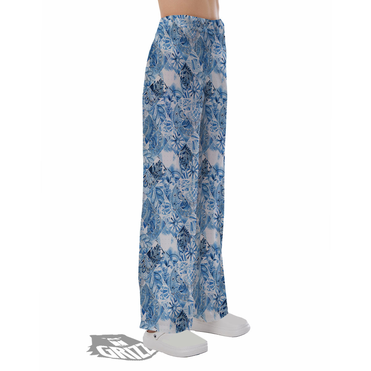 Patchwork Blue Flower Print Pattern Pajama Pants-grizzshop