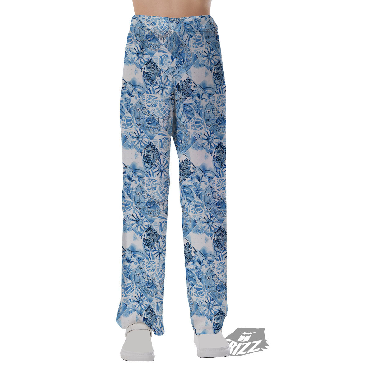 Patchwork Blue Flower Print Pattern Pajama Pants-grizzshop