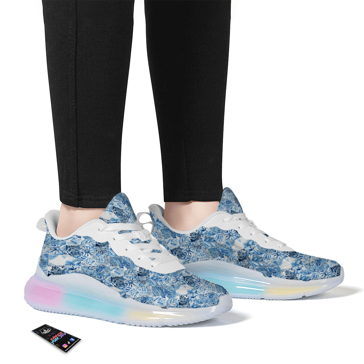 Patchwork Blue Flower Print Pattern Running Sneakers-grizzshop