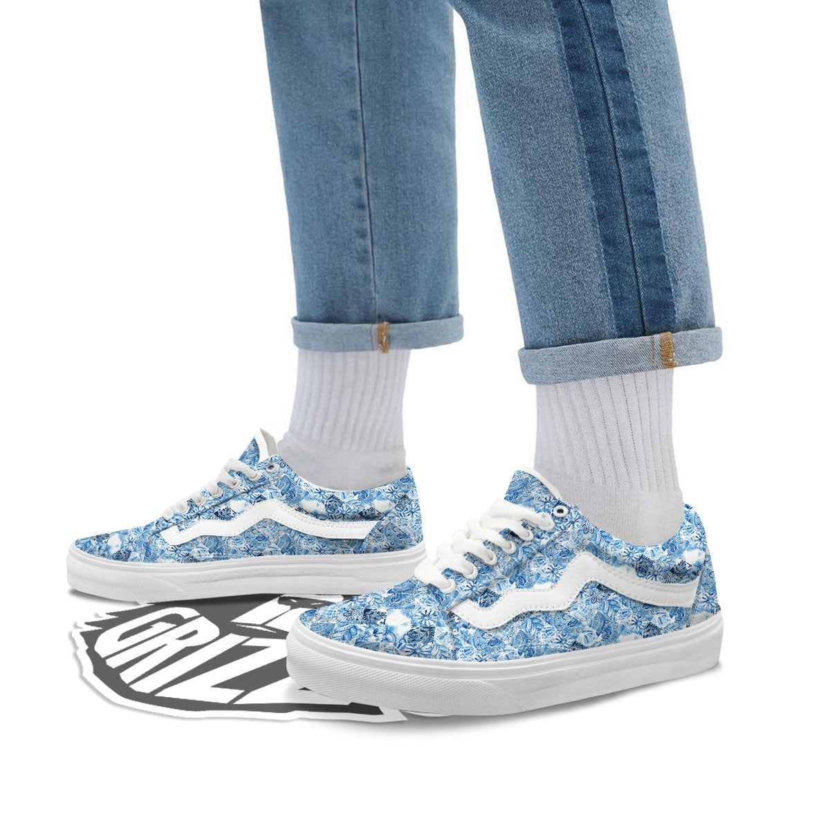 Patchwork Blue Flower Print Pattern Skate Shoes-grizzshop