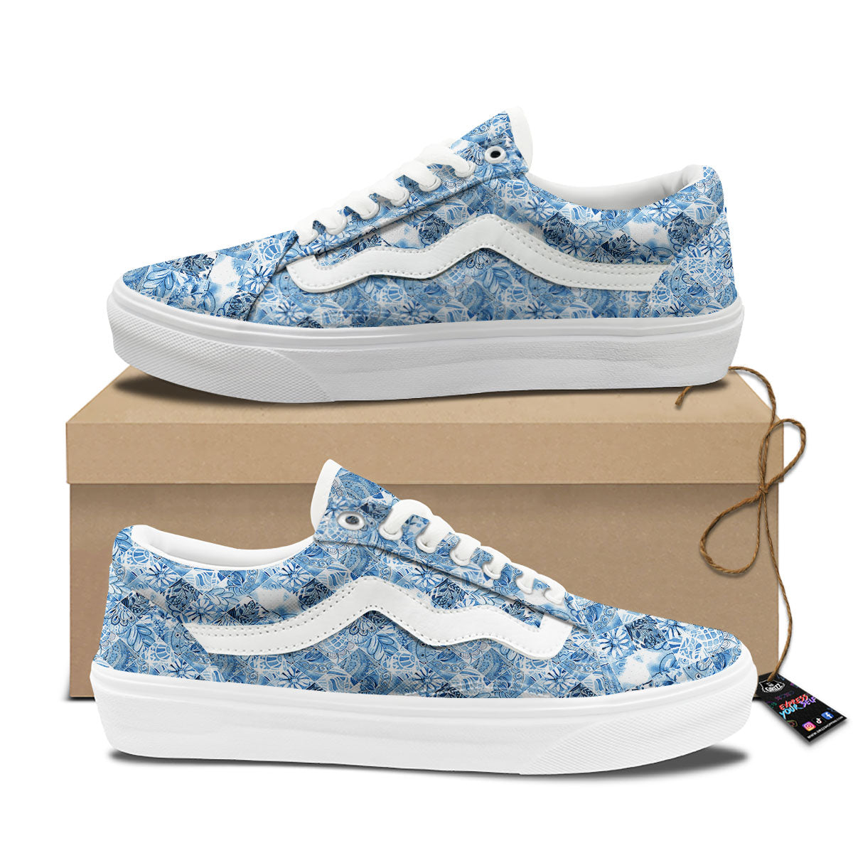 Patchwork Blue Flower Print Pattern Skate Shoes-grizzshop