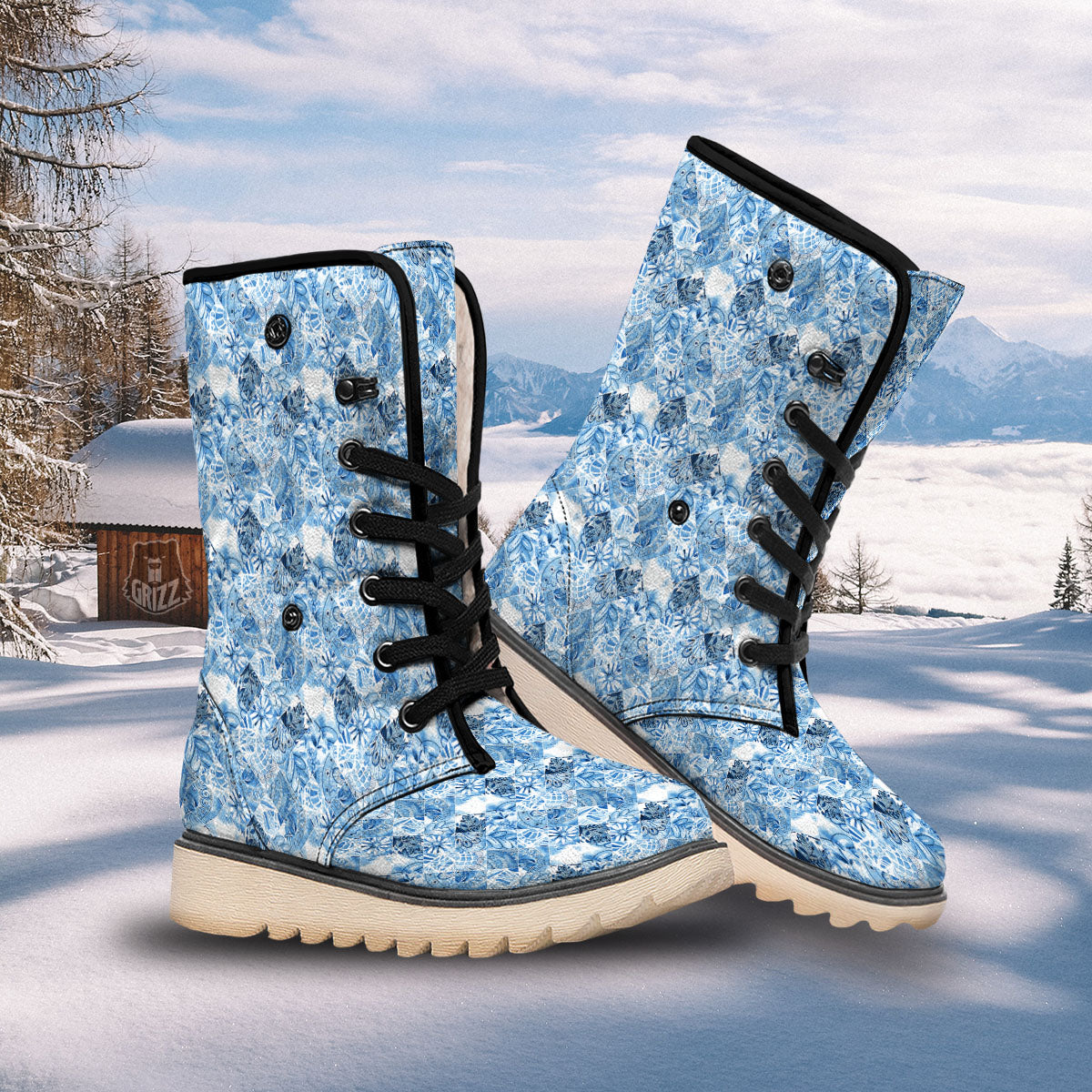 Patchwork Blue Flower Print Pattern Snow Boots-grizzshop