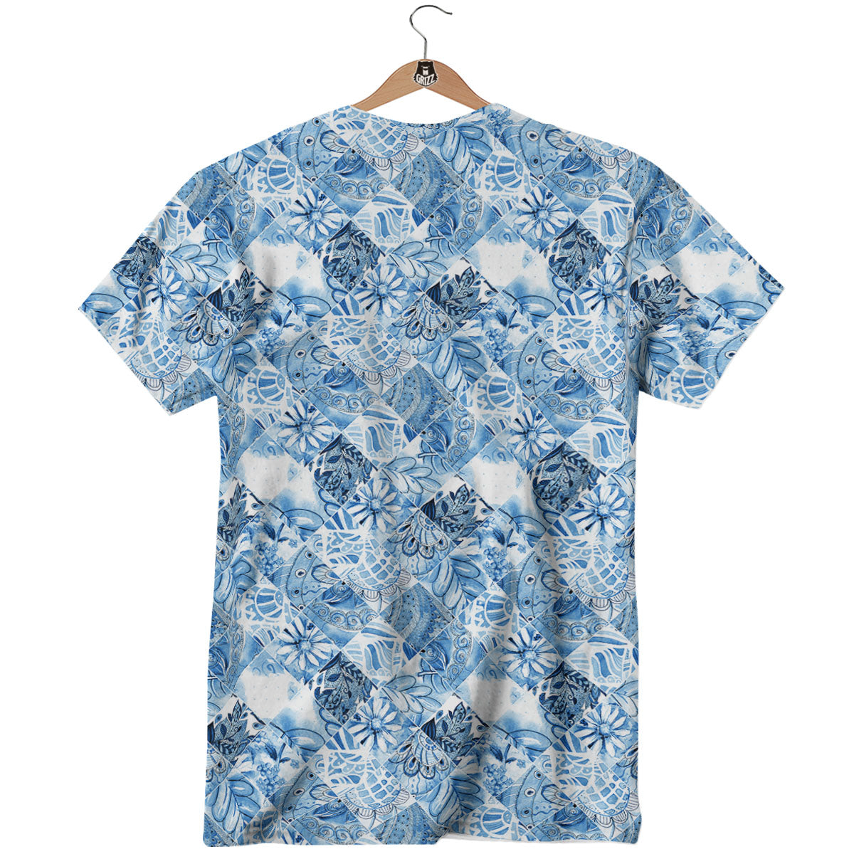 Patchwork Blue Flower Print Pattern T-Shirt-grizzshop
