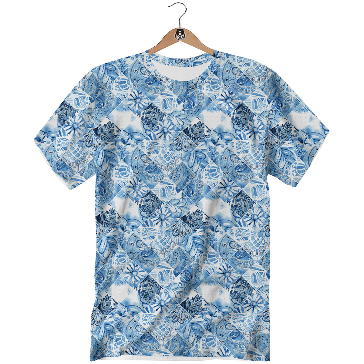 Patchwork Blue Flower Print Pattern T-Shirt-grizzshop