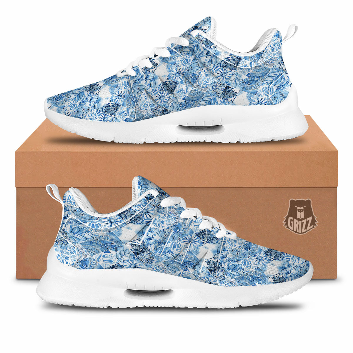 Patchwork Blue Flower Print Pattern Tennis Shoes-grizzshop