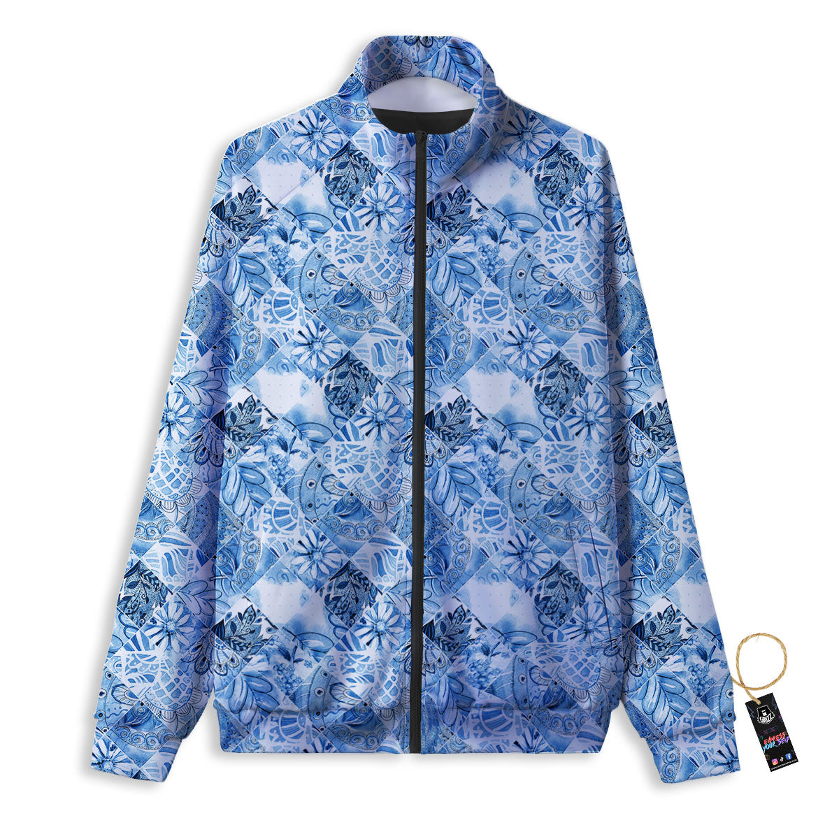 Patchwork Blue Flower Print Pattern Track Jacket-grizzshop