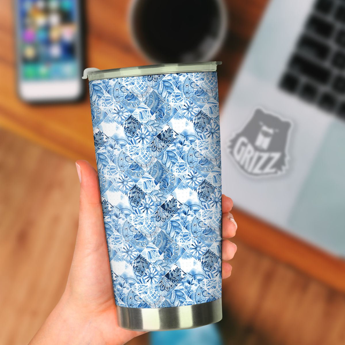 Patchwork Blue Flower Print Pattern Tumbler-grizzshop