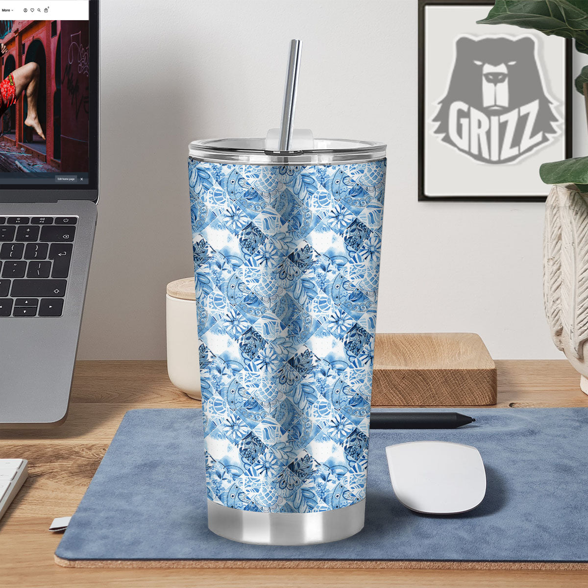 Patchwork Blue Flower Print Pattern Tumbler-grizzshop