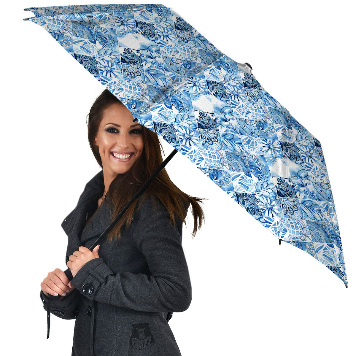 Patchwork Blue Flower Print Pattern Umbrella-grizzshop