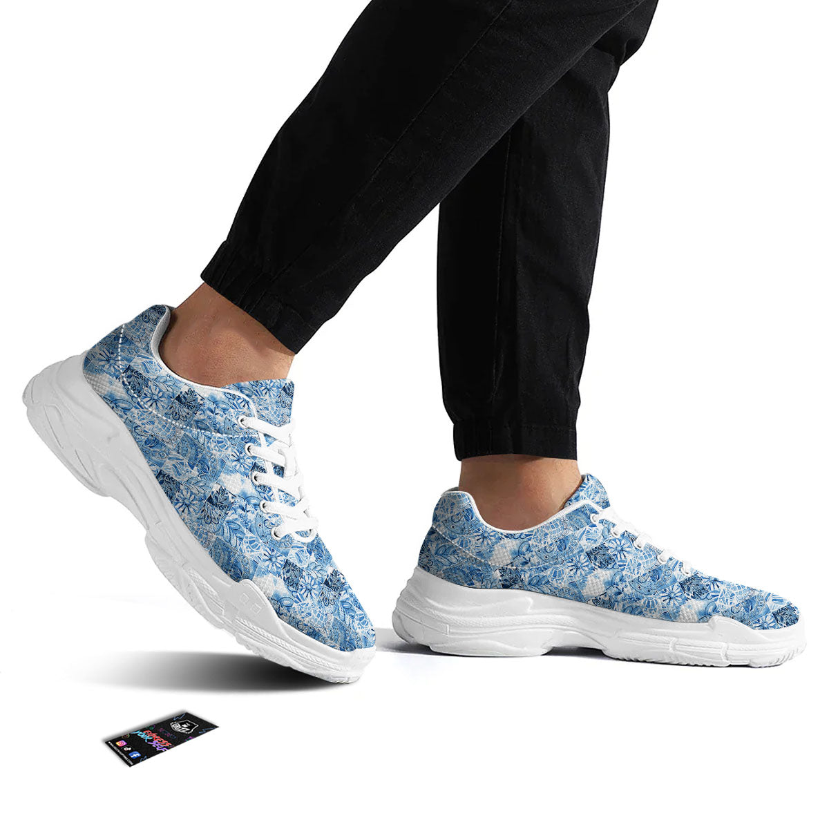 Patchwork Blue Flower Print Pattern White Chunky Shoes-grizzshop