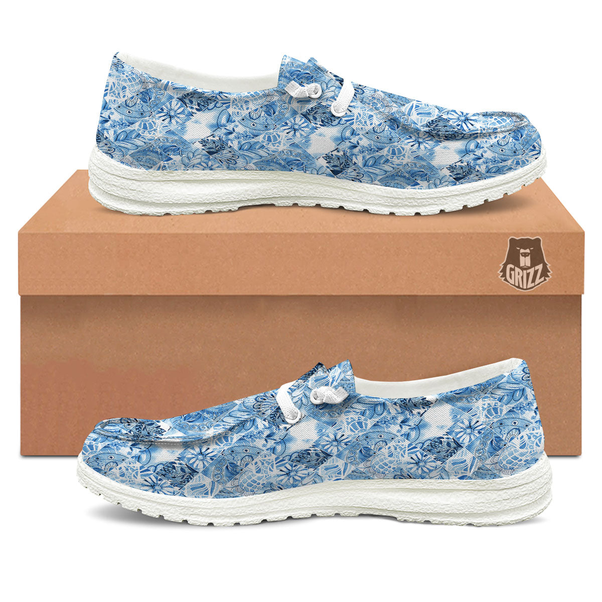 Patchwork Blue Flower Print Pattern White Loafers-grizzshop