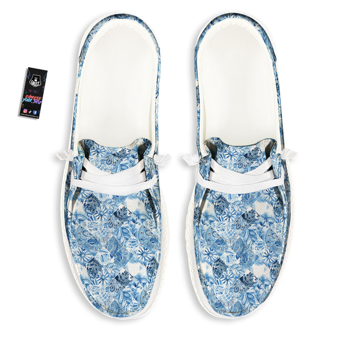 Patchwork Blue Flower Print Pattern White Loafers-grizzshop