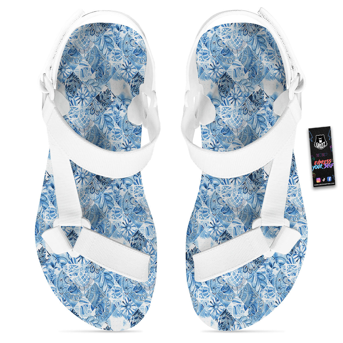 Patchwork Blue Flower Print Pattern White Open Toe Sandals-grizzshop