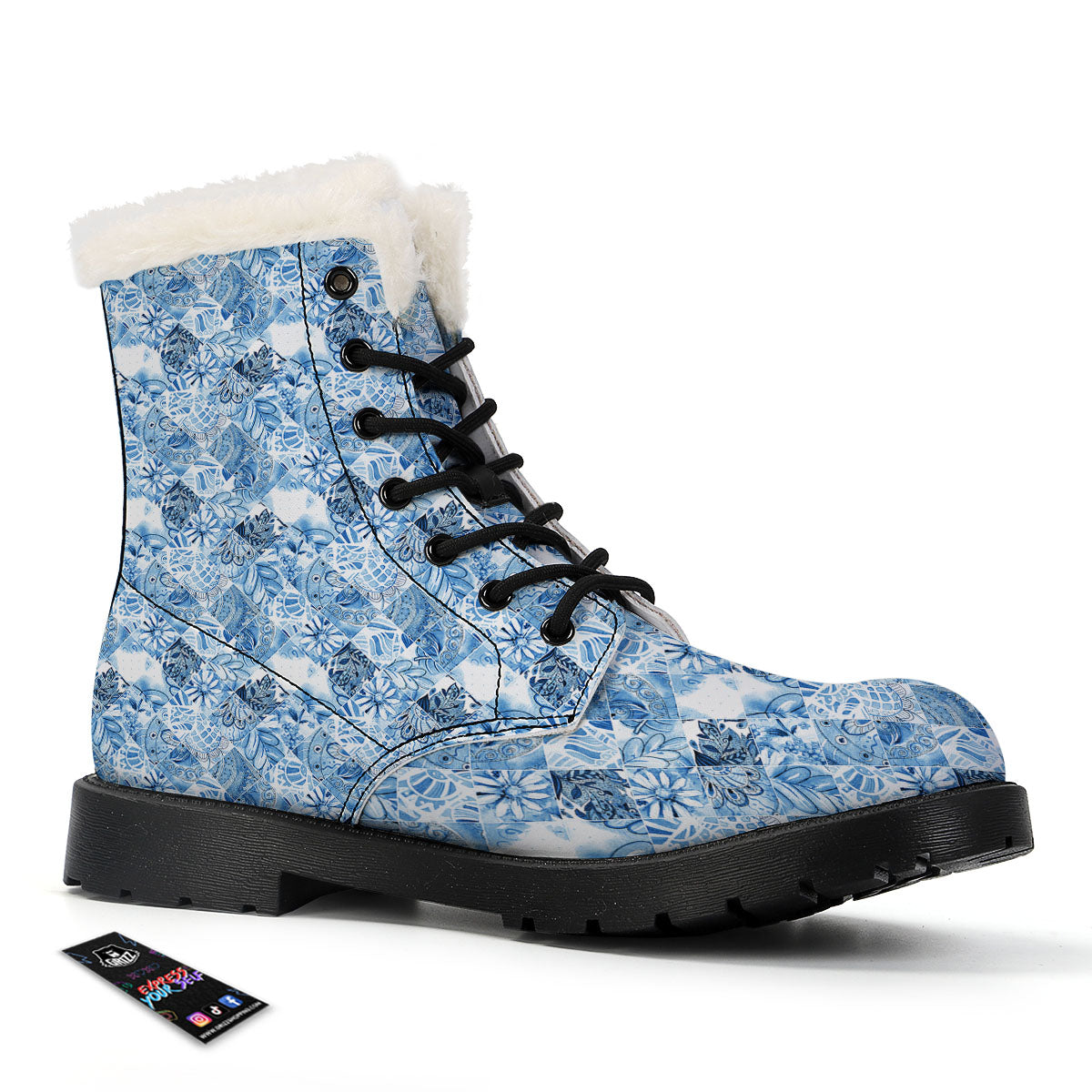 Patchwork Blue Flower Print Pattern Winter Boots-grizzshop